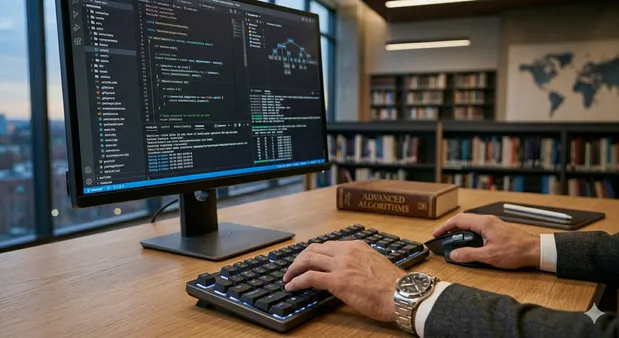 Code on a monitor, hands on a keyboard